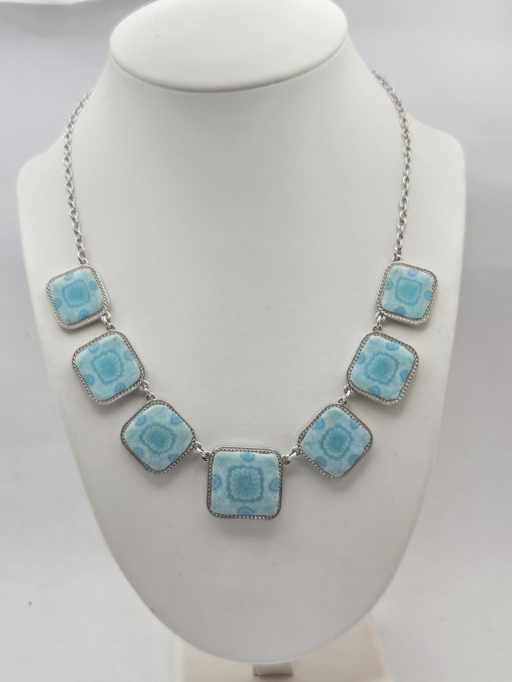 JILZARAH Reversible Statement Necklace 19" Blue Green Polymer Clay Silver Tone